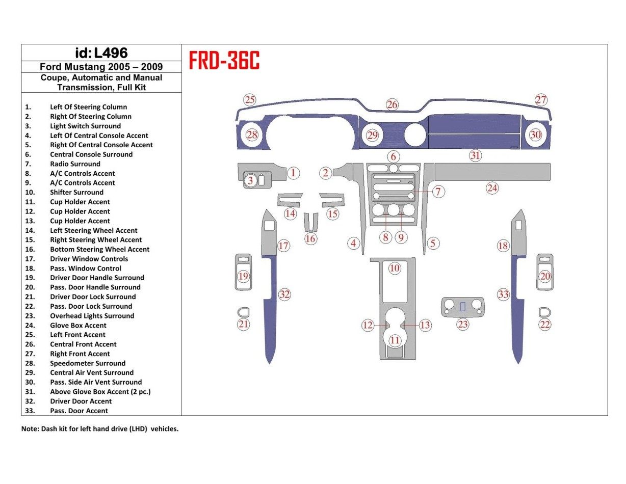 Ford Mustang 2005-2009 Soft roof-Coupe, Voll Satz BD innenausstattung armaturendekor cockpit dekor - 1- Cockpit Dekor Innenraum