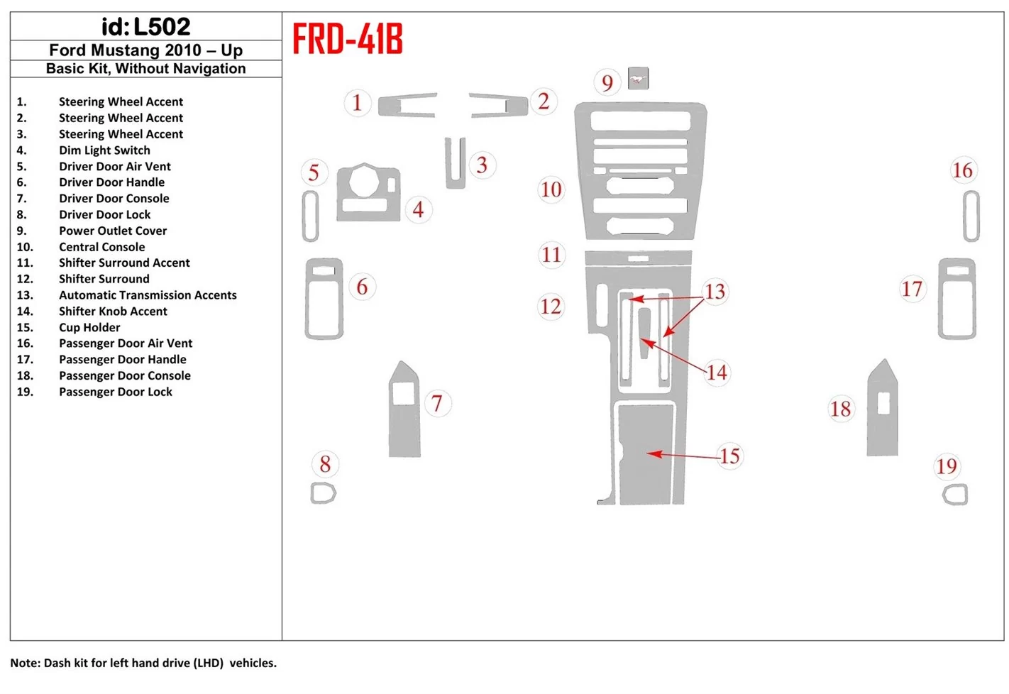 Ford Mustang 2010-UP Paquet de base, Sans NAVI BD Kit la décoration du tableau de bord - 1 - habillage decor de tableau de bord