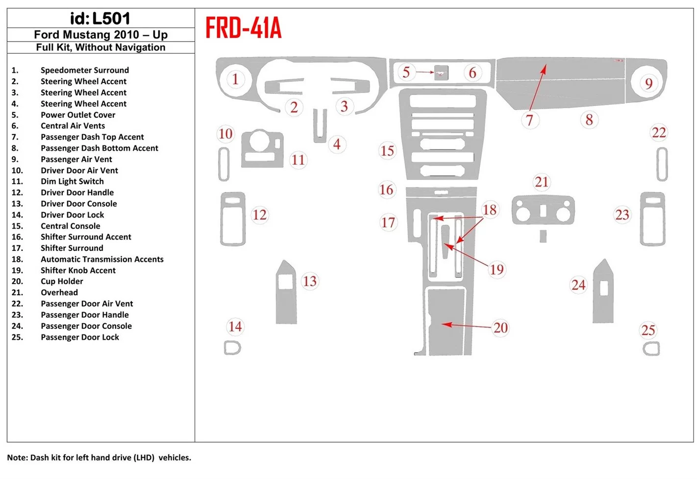 Ford Mustang 2010-UP Ensemble Complet, Sans NAVI BD Kit la décoration du tableau de bord - 1 - habillage decor de tableau de bor