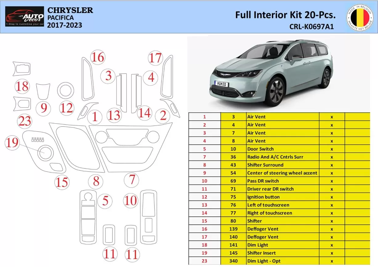 Chrysler Pacifica 2017-2023 Kit la décoration du tableau de bord 18 Pièce - 1 - habillage decor de tableau de bord