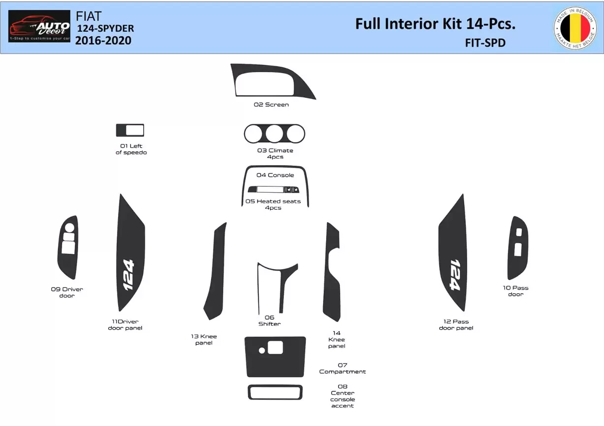 Fiat 124 Spyder 2012-2020 Interieur WHZ Dashboard inbouwset 14 onderdelen