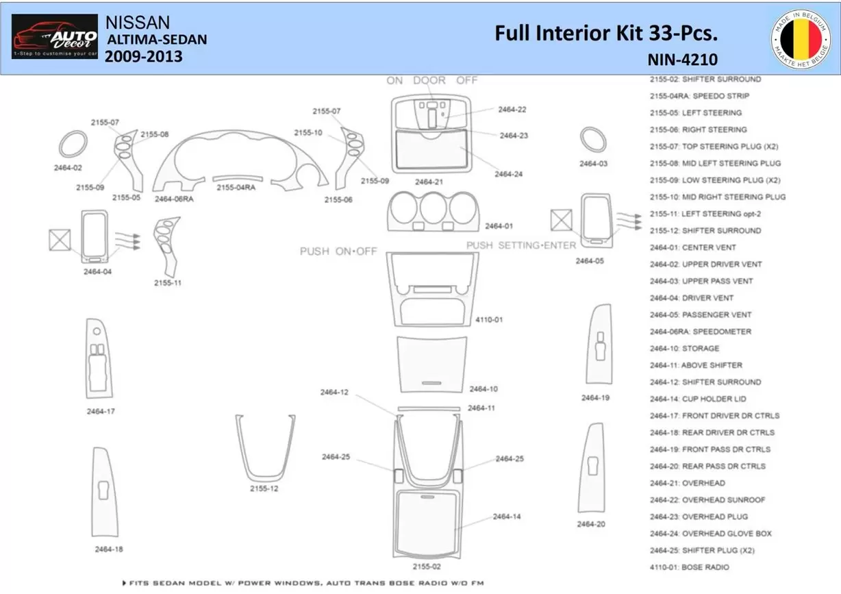 Nissan Altima 2009-2013 Kit la décoration du tableau de bord 33 Pièce - 1 - habillage decor de tableau de bord