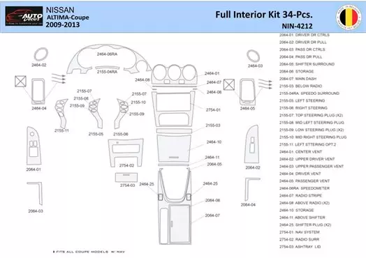 Nissan Altima 2009-2013 Kit la décoration du tableau de bord 34 Pièce - 1 - habillage decor de tableau de bord