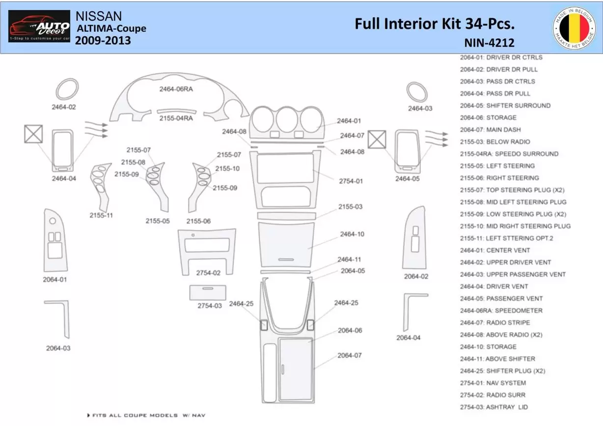 Nissan Altima 2009-2013 Kit la décoration du tableau de bord 34 Pièce - 1 - habillage decor de tableau de bord