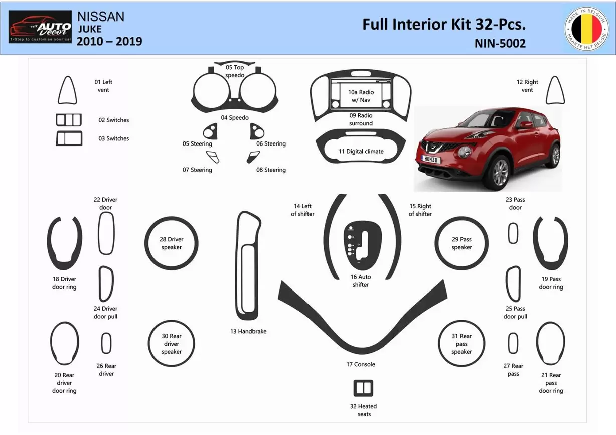 Nissan Juke 2011-2017 3D Interior Dashboard Trim Kit Dash Trim Dekor 32-Parts