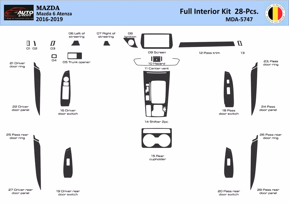 Mazda 6-Atenza 2018-2021 Habillage Décoration de Tableau de Bord 28 Pièce - 1 - habillage decor de tableau de bord