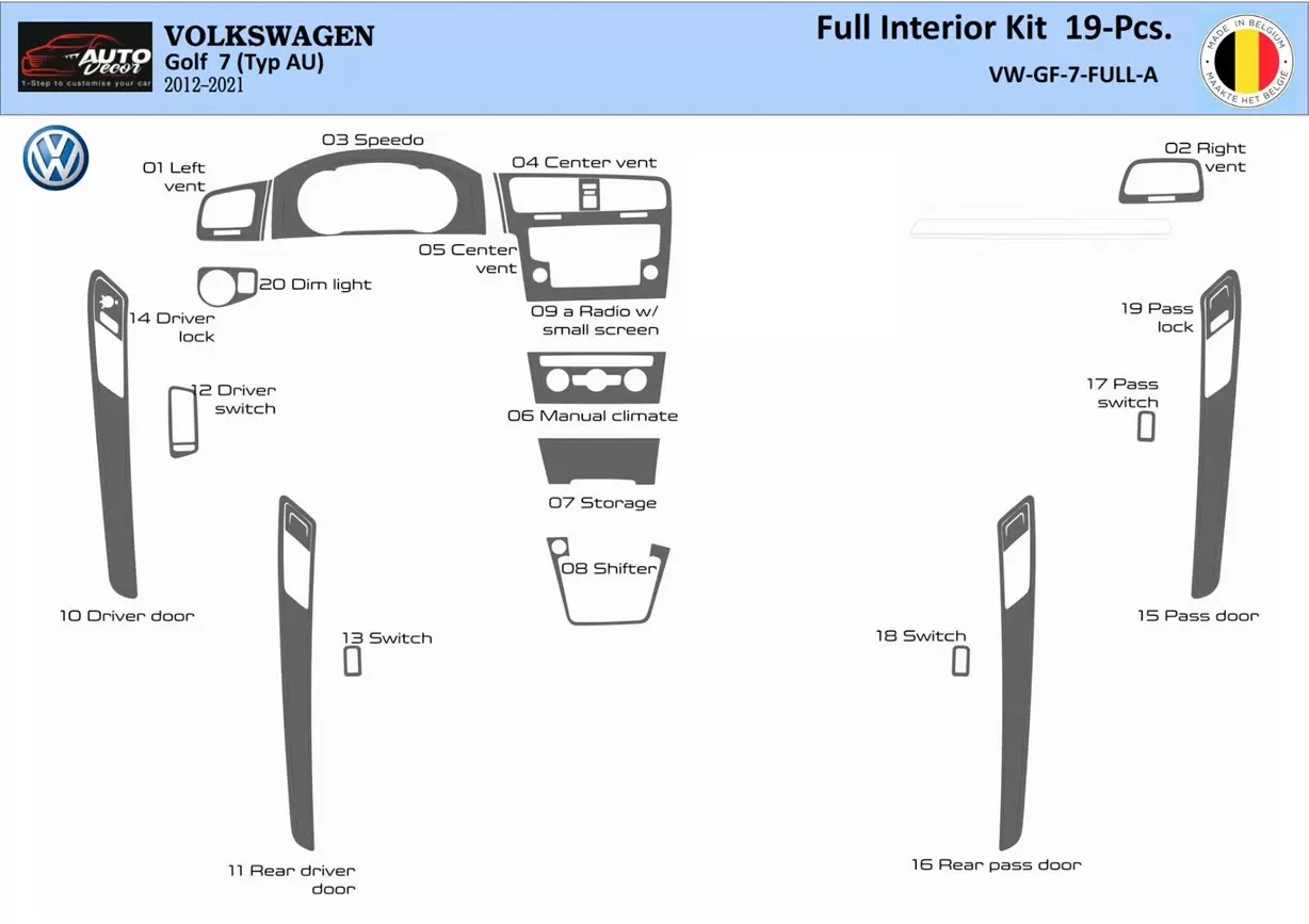 Volkswagen Golf VII AU 2012–2021 3D Interior Dashboard Trim Kit Dash Trim Dekor 19A-Parts