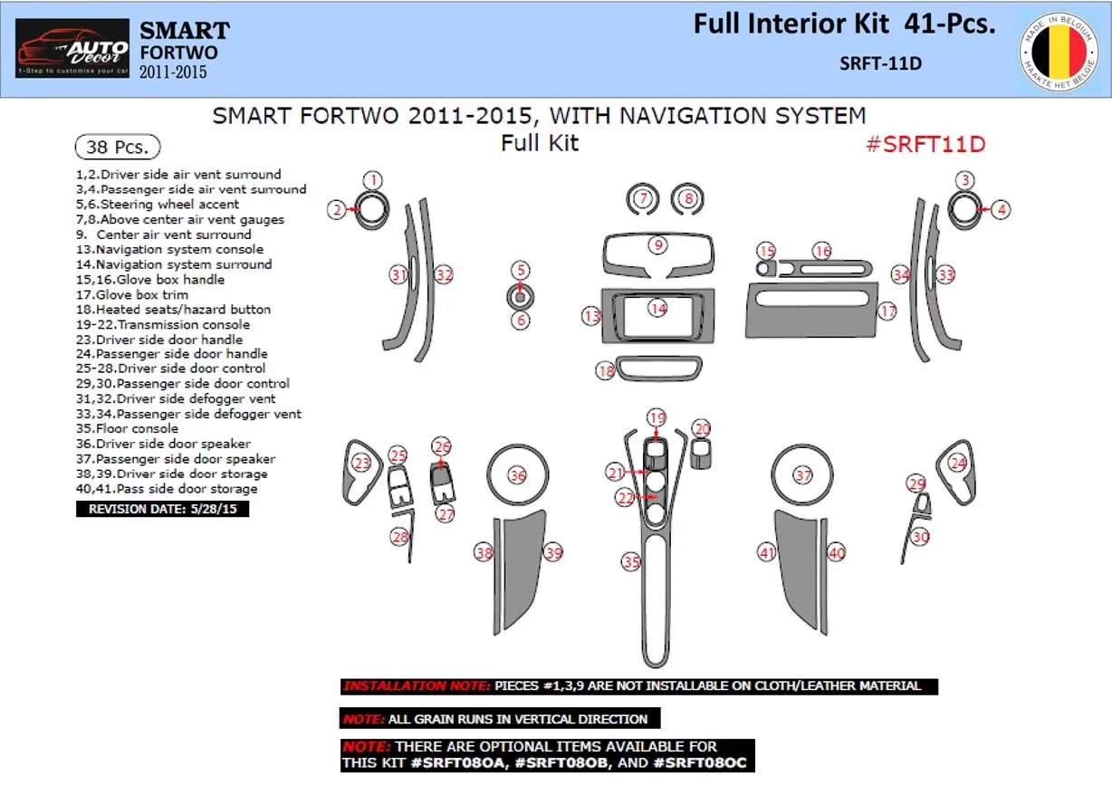 Smart Fortwo 451 2011-2015 Mascherine sagomate per rivestimento cruscotti 41-Decori