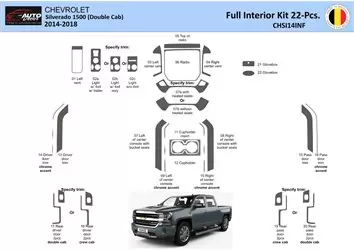 Chevrolet Silverado 1500 Double Cab 2014-2018 Ensemble complet de garniture de tableau de bord intérieur WHZ 22 pièces