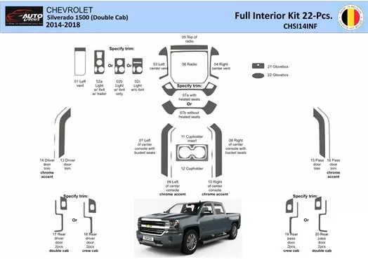 Chevrolet Silverado 1500 Double Cab 2014-2018 Full Mascherine sagomate per rivestimento cruscotti 