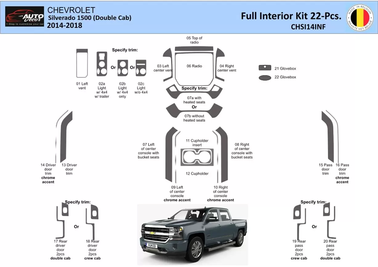 Chevrolet Silverado 1500 Double Cab 2014-2018 Set completo interni WHZ Kit rivestimento cruscotto 22 pezzi