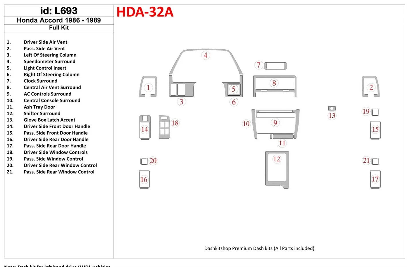 Honda Accord 1986-1989 Ensemble Complet BD Kit la décoration du tableau de bord - 1 - habillage decor de tableau de bord