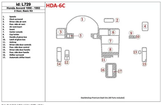 Honda Accord 1990-1993 2 Doors, Basic Set, 17 Parts set BD Interieur Dashboard Bekleding Volhouder