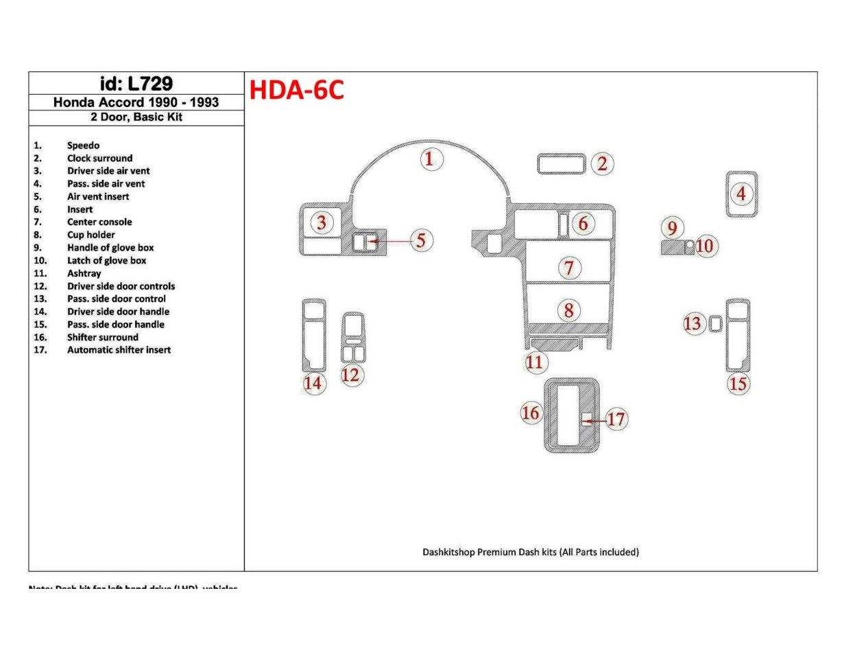 Honda Accord 1990-1993 2 Doors, Basic Set, 17 Parts set BD Interieur Dashboard Bekleding Volhouder