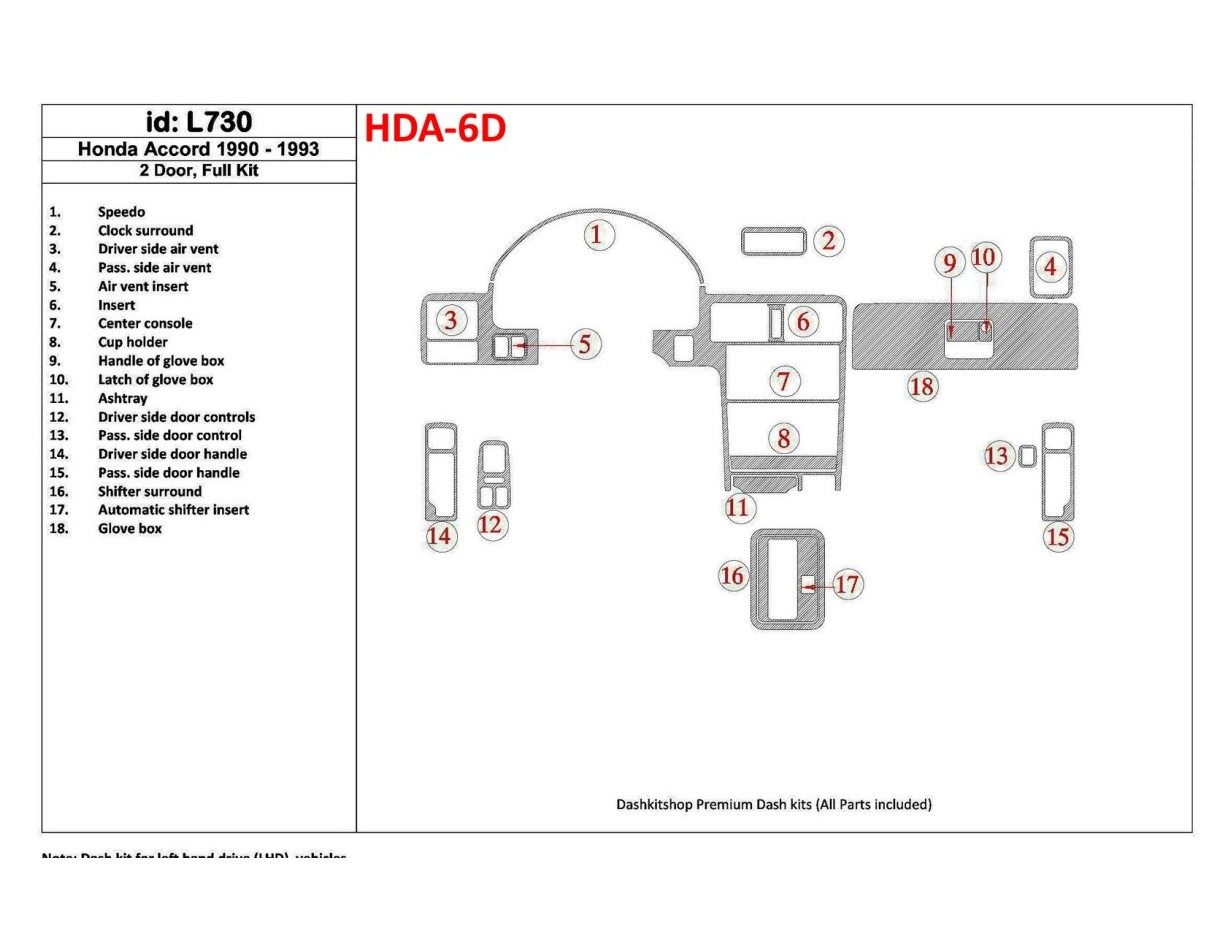 Honda Accord 1990-1993 2 Doors, Voll Satz, 18 Parts set BD innenausstattung armaturendekor cockpit dekor - 1- Cockpit Dekor Inne