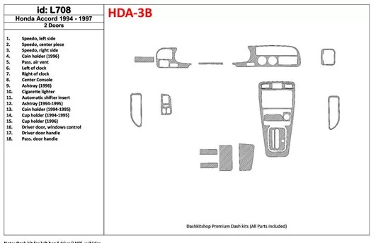 Honda Accord 1994-1997 2 Doors, Full Set, 18 Parts set BD Interieur Dashboard Bekleding Volhouder