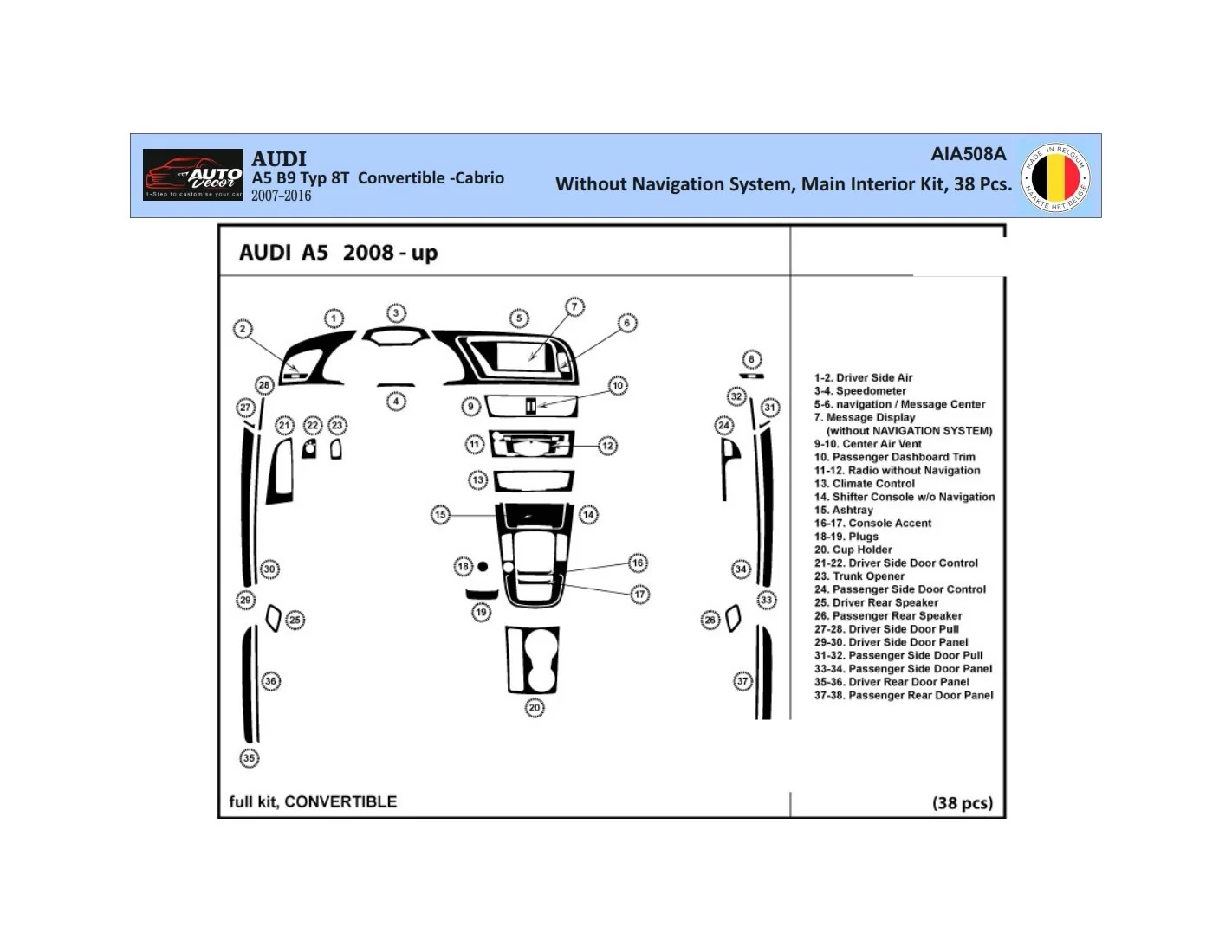 Audi A5 2008-2014 Hatchback 3D Inleg dashboard Interieurset aansluitend en pasgemaakt op he 42-Parts