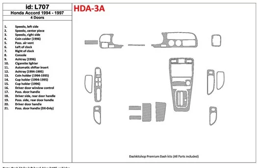 Honda Accord 1994-1997 4 Doors, Full Set, 21 Parts set BD Interieur Dashboard Bekleding Volhouder