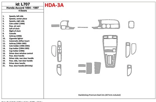 Honda Accord 1994-1997 4 Doors, Voll Satz, 21 Parts set BD innenausstattung armaturendekor cockpit dekor - 1- Cockpit Dekor Inne