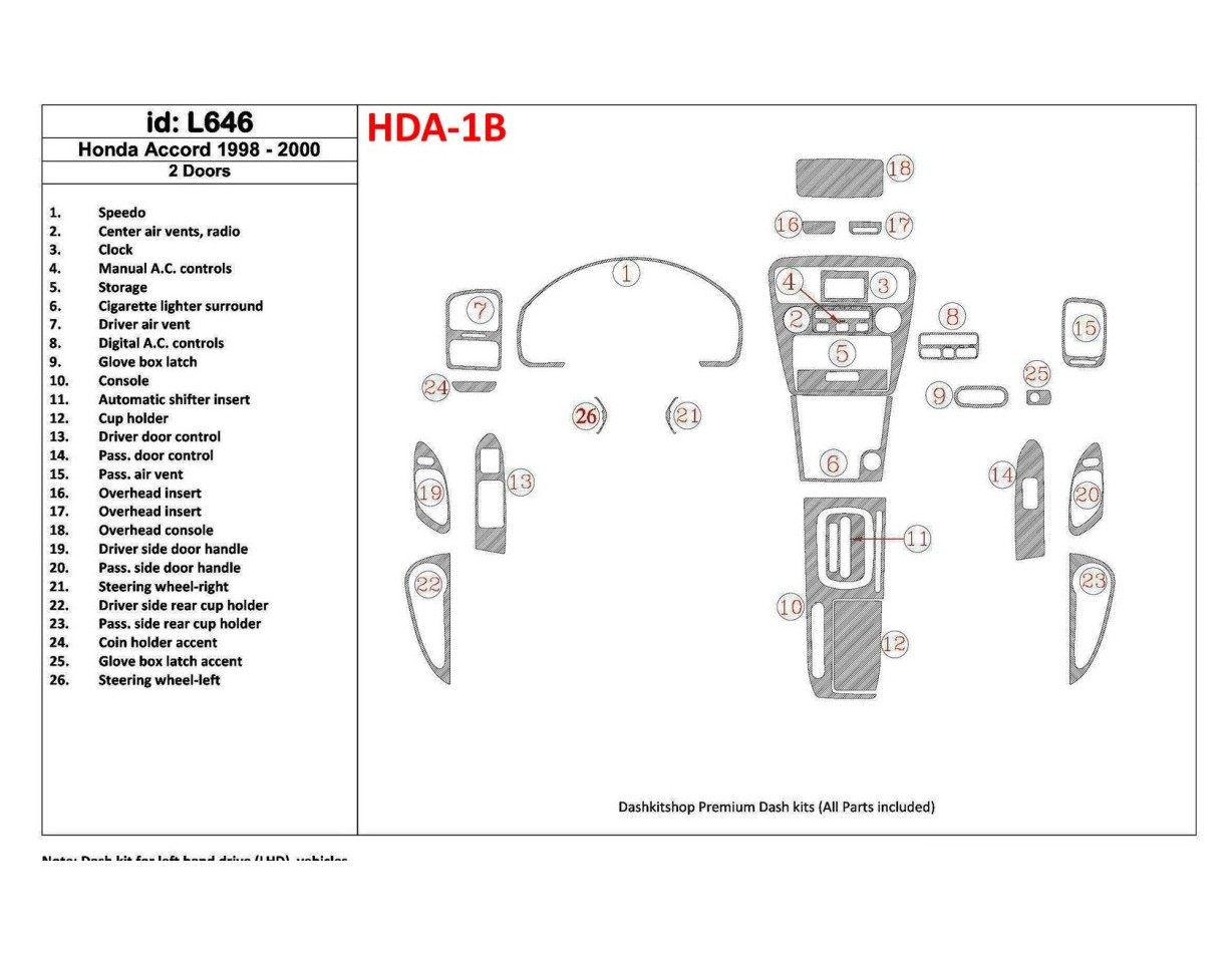 Honda Accord 1998-2000 2 Des portes Ensemble Complet, 26 Parts set, BD Kit la décoration du tableau de bord - 1 - habillage deco