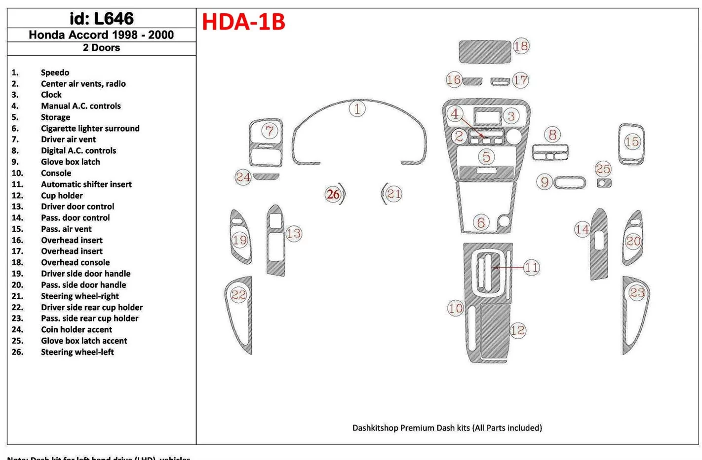 Honda Accord 1998-2000 2 Doors Voll Satz, 26 Parts set, BD innenausstattung armaturendekor cockpit dekor - 1- Cockpit Dekor Inne