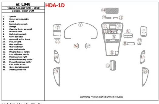 Honda Accord 1998-2000 2 Doors, Mtach OEM, 22 Parts set BD Interieur Dashboard Bekleding Volhouder