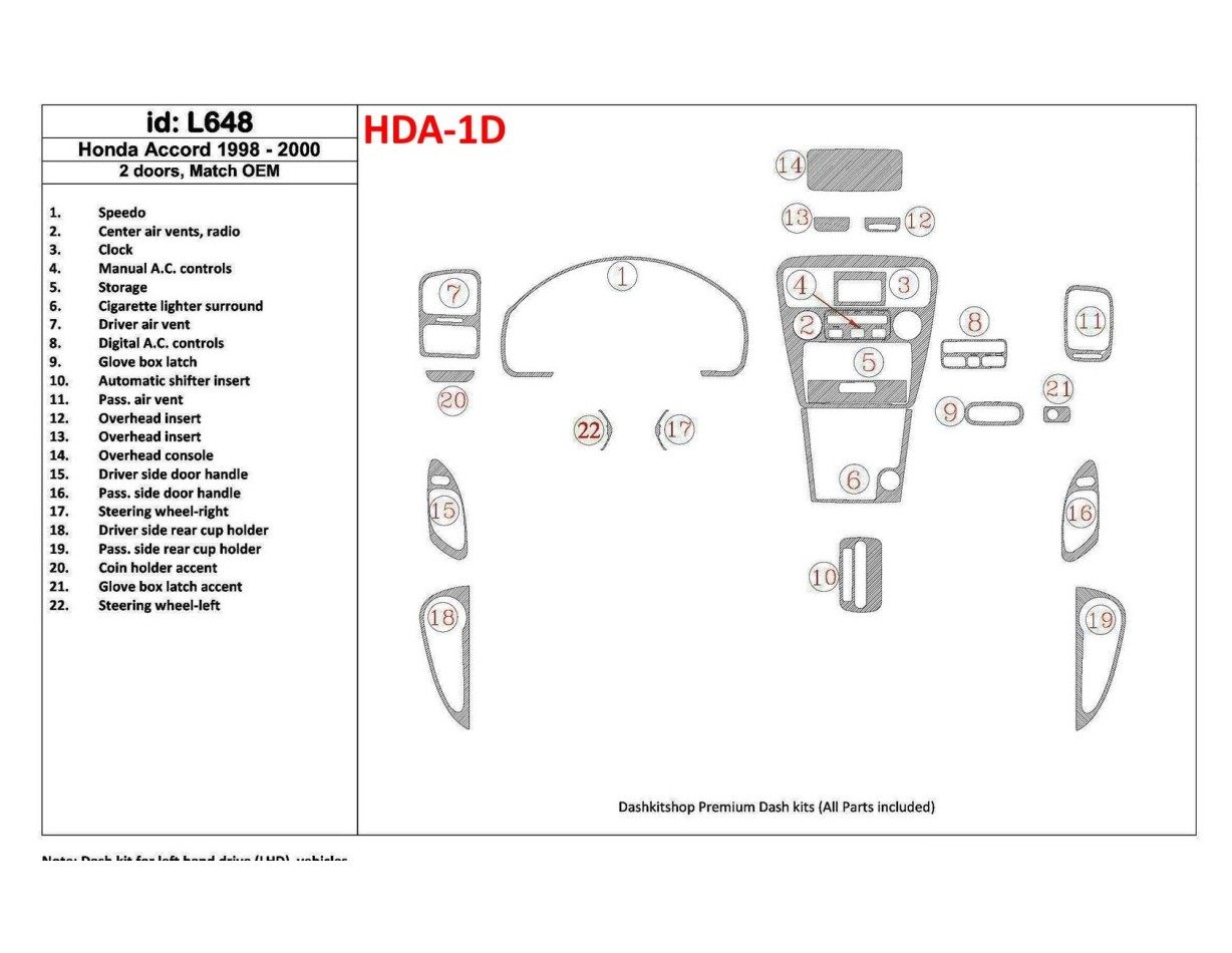 Honda Accord 1998-2000 2 Doors, Mtach OEM, 22 Parts set BD innenausstattung armaturendekor cockpit dekor - 1- Cockpit Dekor Inne