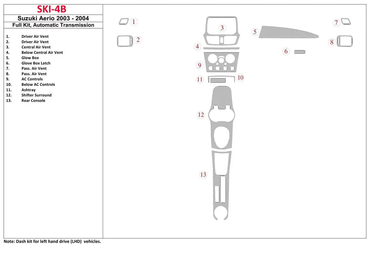 Suzuki Aerio 2003-2004 Full Set, Automatic Gear Mascherine sagomate per rivestimento cruscotti 