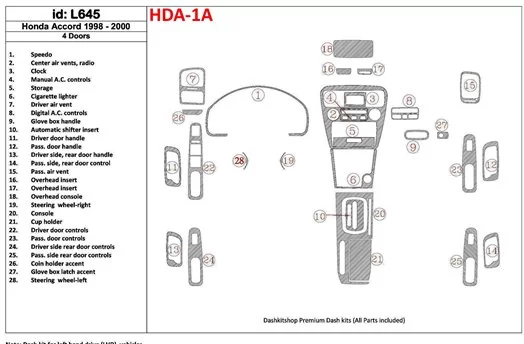 Honda Accord 1998-2000 4 Doors, Full Set, 28 Parts set Interior BD Dash Trim Kit