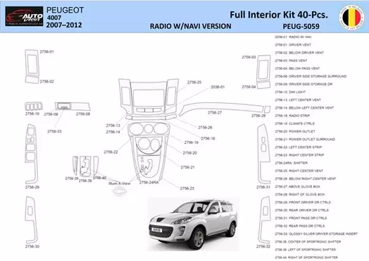 Peugeot 4007 2007–2012 Kit de garniture de tableau de bord intérieur 3D WHZ NAVI Dash Trim Dekor 40 pièces