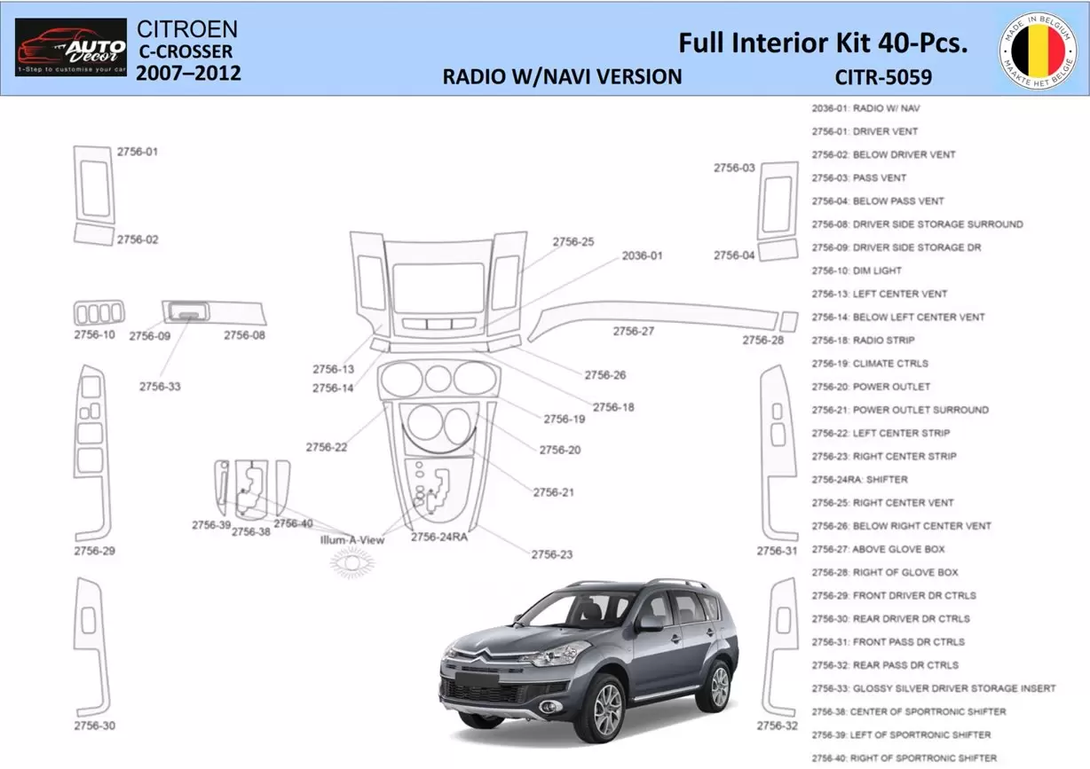 Citroën C-Crosser 2007-2012 3D WHZ NAVI Inleg dashboard Interieurset aansluitend en pasgemaakt op he 40-Parts