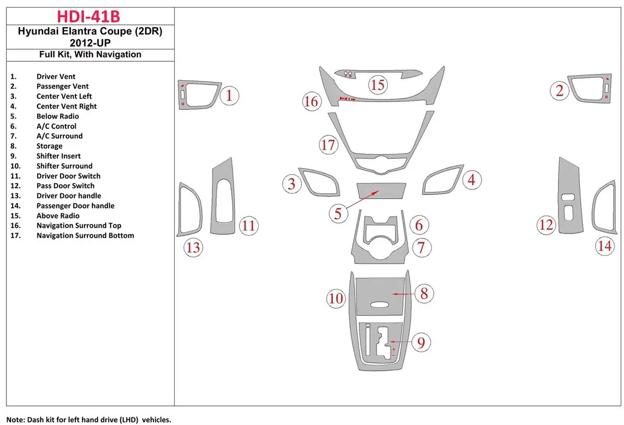 Hyundai Elantra Coupe 2011-UP Full Set, With NAVI Mascherine sagomate per rivestimento cruscotti 