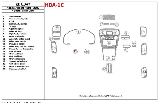 Honda Accord 1998-2000 4 Doors, OEM Compliance, 22 Parts set BD Interieur Dashboard Bekleding Volhouder