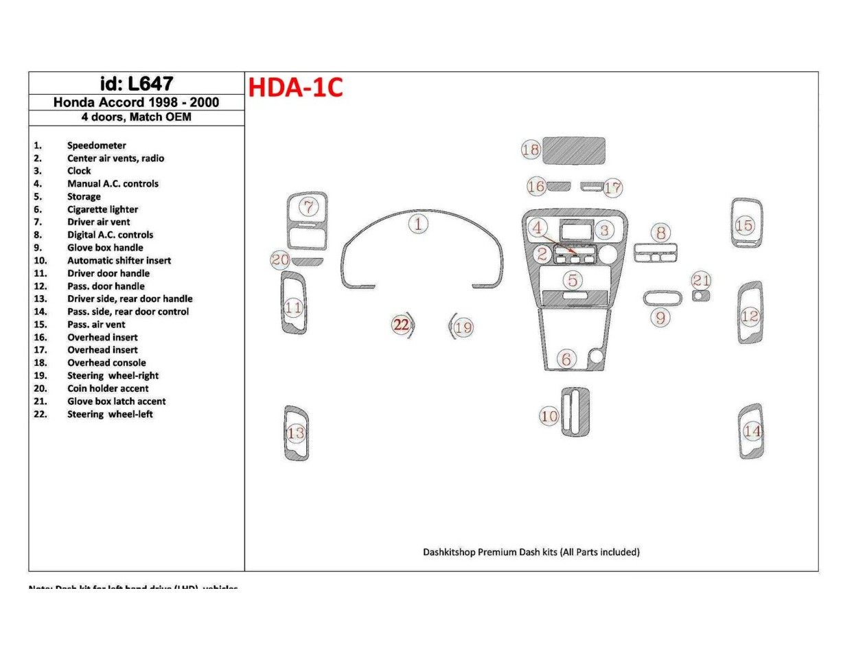 Honda Accord 1998-2000 4 Des portes, OEM Compliance, 22 Parts set BD Kit la décoration du tableau de bord - 1 - habillage decor 