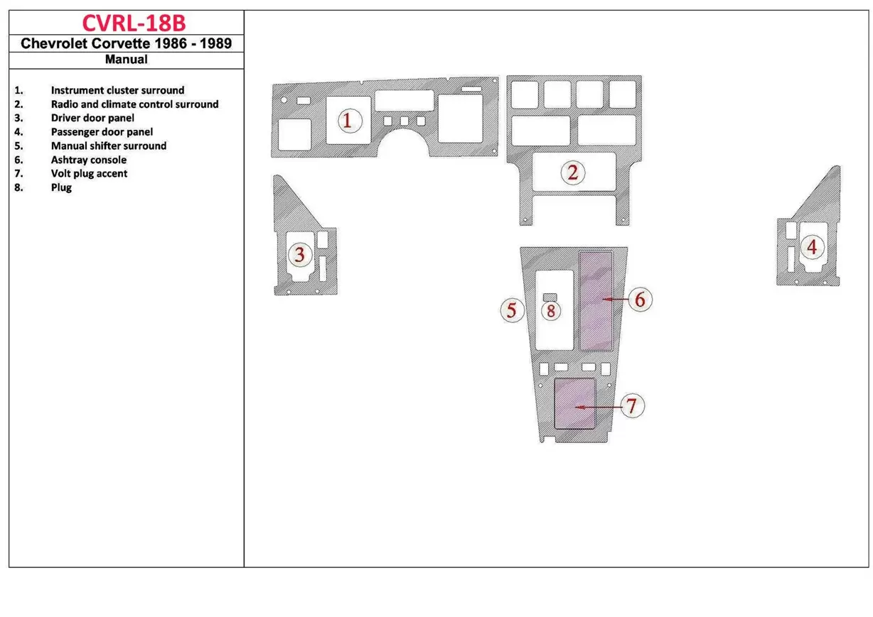 Chevrolet Corvette C4 1986-1989 Full Set, Manuelle Gear Mascherine sagomate per rivestimento cruscotti 