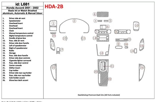 Honda Accord 2001-2002 2 Doors, Grundset, 26 Parts set BD innenausstattung armaturendekor cockpit dekor - 1- Cockpit Dekor Innen