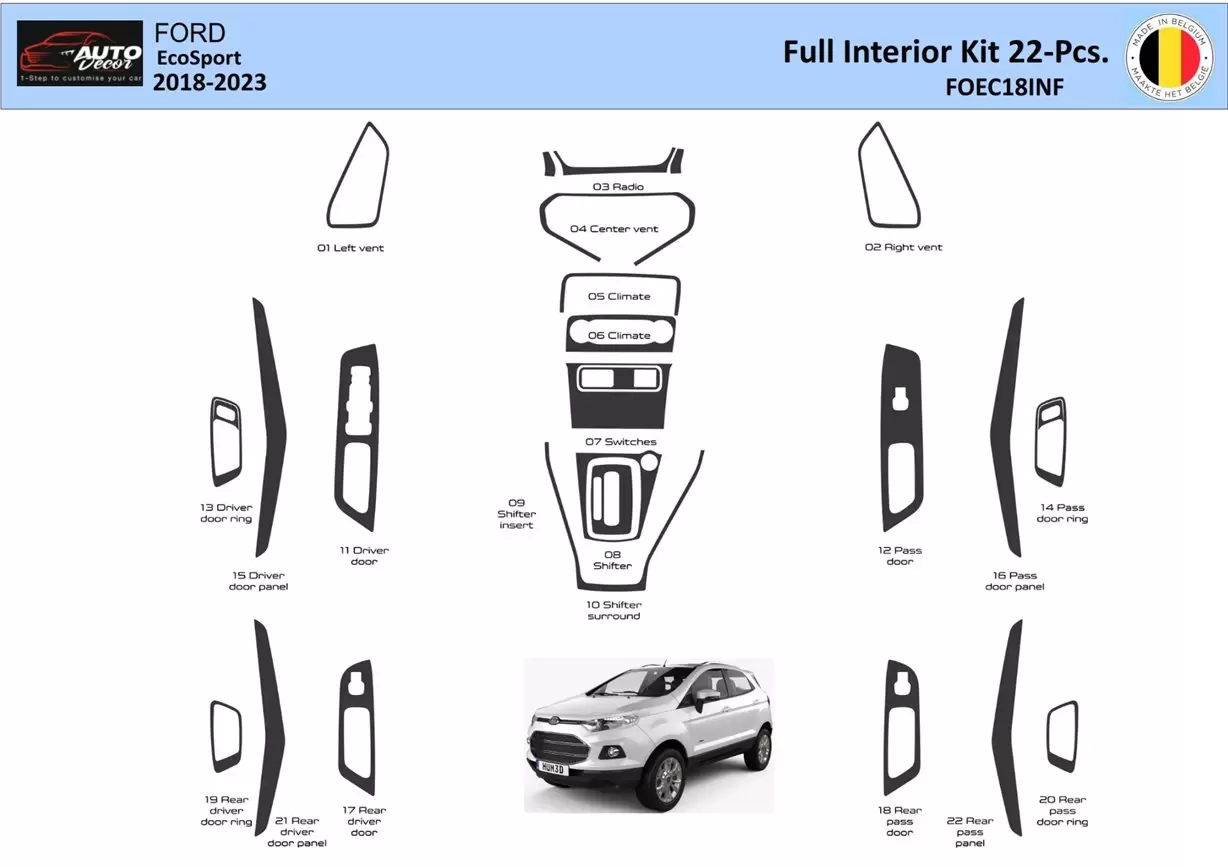 Ford EcoSport SUV 2018-2022 Interieur WHZ Dashboardafwerkingsset 22 onderdelen