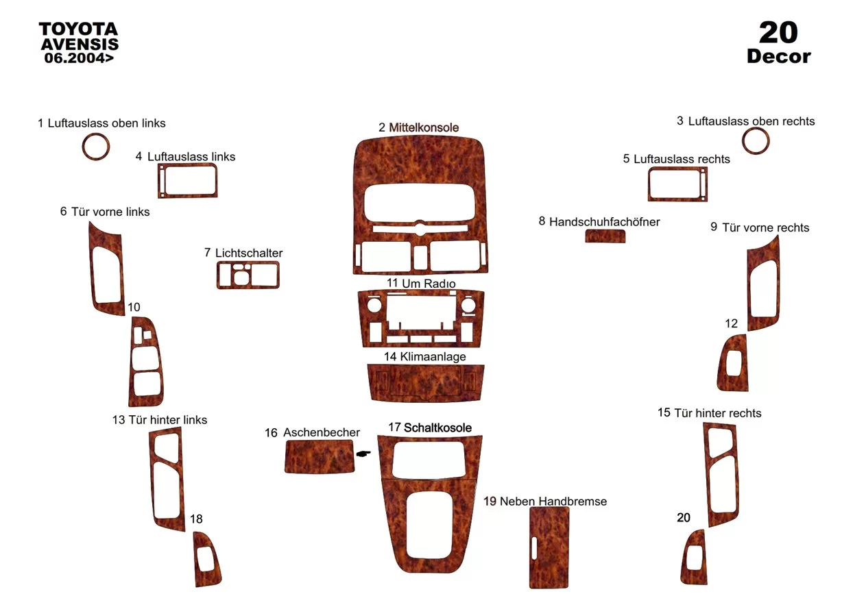 Toyota Avensis T250 2003-2009 Mittelkonsole Armaturendekor Cockpit Dekor 20-Teile - 1- Cockpit Dekor Innenraum