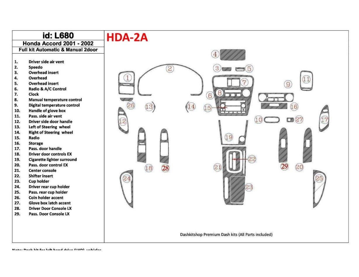Honda Accord 2001-2002 2 Doors, Full Set, 27 Parts set Interior BD Dash Trim Kit