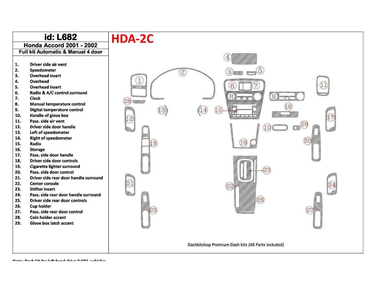 Honda Accord 2001-2002 4 Doors, Full Set, 29 Parts set BD Interieur Dashboard Bekleding Volhouder