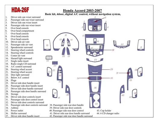 Honda Accord 2003-2007 Basic Set, Automatic A/C control, Without NAVI system, 4 Doors Cruscotto BD Rivestimenti interni