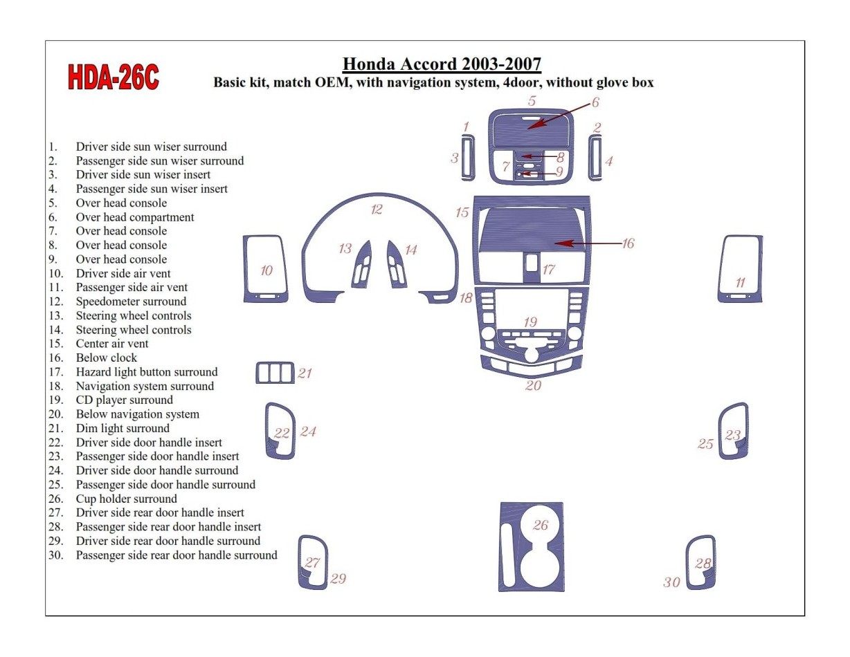 Honda Accord 2003-2007 Basic Set, OEM Compliance, With NAVI system, Without glowe-box, 4 Doors Interior BD Dash Trim Kit