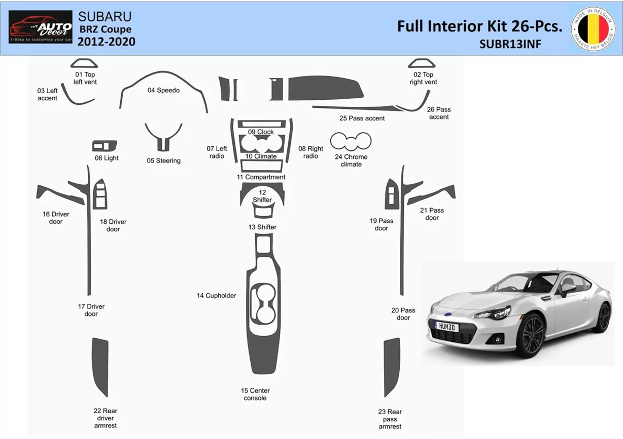 Subaru BRZ Coupe 2012-2020 Interior WHZ Dashboard trim kit 28 Parts