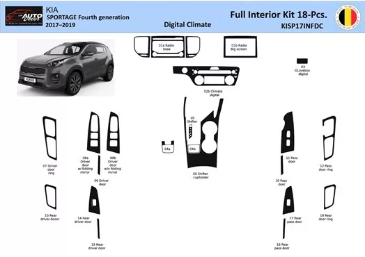 Kia Sportage 2017-2019 Digi-Clima Interieur WHZ Dashboard inbouwset 18 Onderdelen