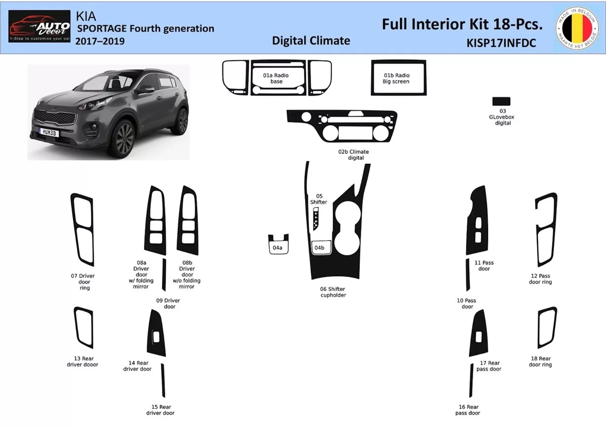 Kia Sportage 2017-2019 Digi-Clima Interior WHZ Dashboard trim kit 18 Parts