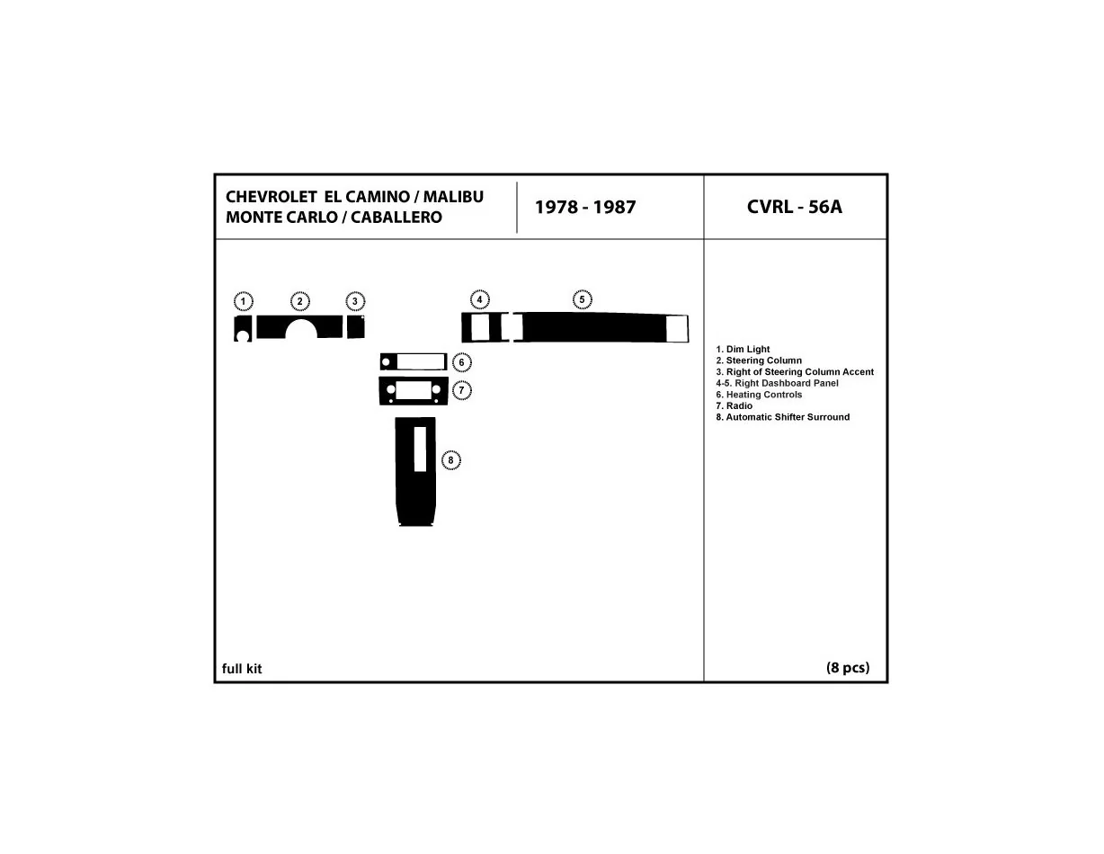 Chevrolet El Camino, Malibu, Monte Carlo, Caballero 1978-1987 Full Set BD Interieur Dashboard Bekleding Volhouder