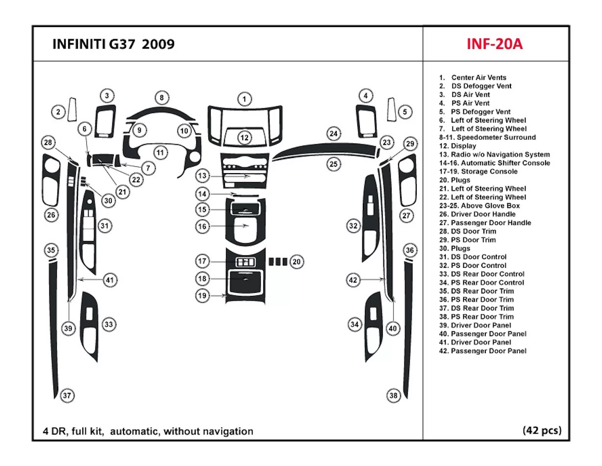 Infiniti G37 2007-2009 Full Set, Automatic Gear, Without NAVI Interior BD Dash Trim Kit