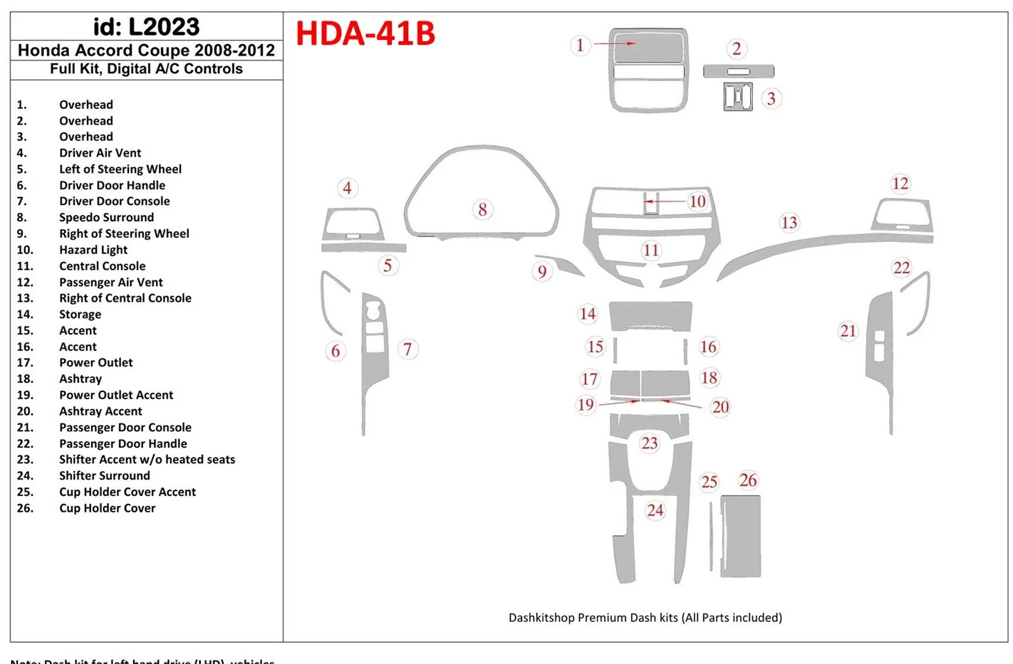 Honda Accord 2008-2012 Ensemble Complet, 2 Des portes (Coupe), Contrôle Aut la climatisation BD Kit la décoration du tableau de 