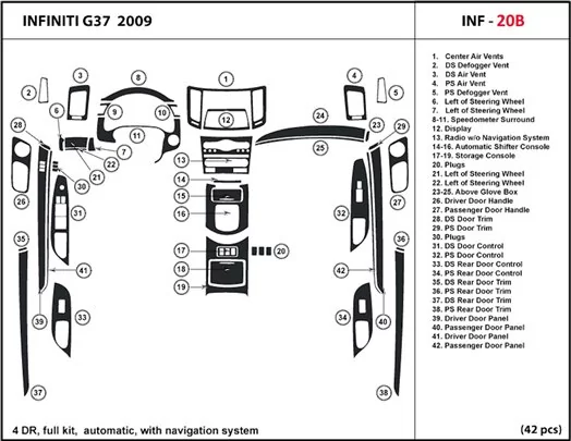 Infiniti G37 2007-2009 Full Set, Automatic Gear, With NAVI Interior BD Dash Trim Kit