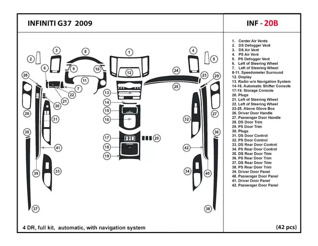 Infiniti G37 2007-2009 Full Set, Automatic Gear, With NAVI BD Interieur Dashboard Bekleding Volhouder